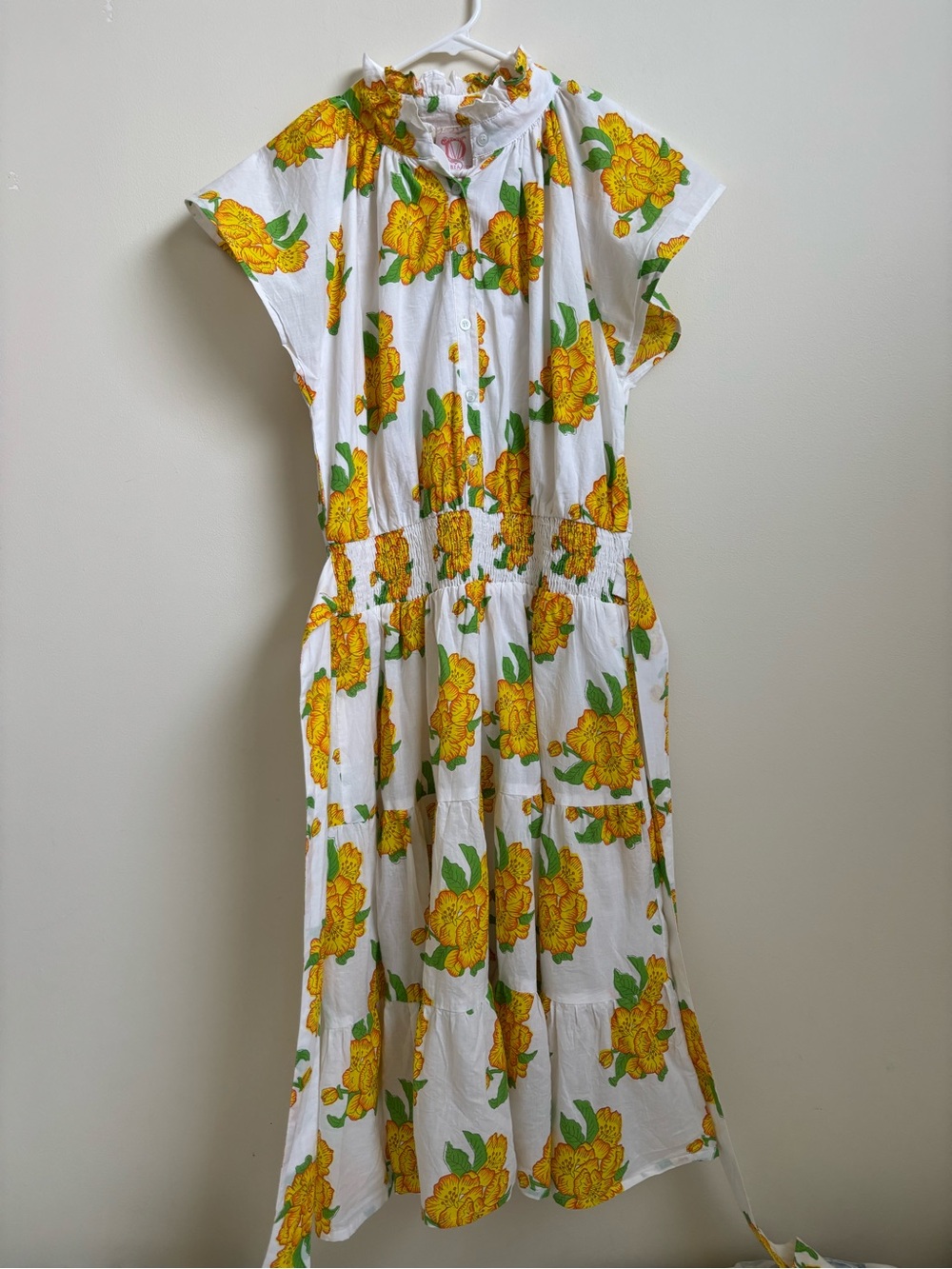 Victoria Dunn White Midi Dress with Yellow Floral Print